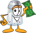 Clip Art Graphic of a Salt Shaker Cartoon Character Holding a Dollar Bill