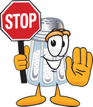 Clip Art Graphic of a Salt Shaker Cartoon Character Holding a Stop Sign