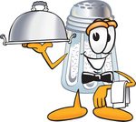Clip Art Graphic of a Salt Shaker Cartoon Character Dressed as a Waiter and Holding a Serving Platter