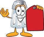 Clip Art Graphic of a Salt Shaker Cartoon Character Holding a Red Sales Price Tag