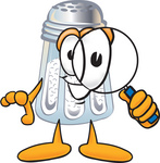 Clip Art Graphic of a Salt Shaker Cartoon Character Looking Through a Magnifying Glass