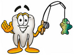 Clip Art Graphic of a Human Molar Tooth Character Holding a Fish on a Fishing Pole