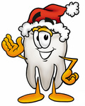 Clip Art Graphic of a Human Molar Tooth Character Wearing a Santa Hat and Waving