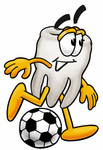 Clip Art Graphic of a Human Molar Tooth Character Kicking a Soccer Ball