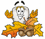 Clip Art Graphic of a Human Molar Tooth Character With Autumn Leaves and Acorns in the Fall