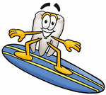 Clip Art Graphic of a Human Molar Tooth Character Surfing on a Blue and Yellow Surfboard