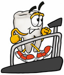 Clip Art Graphic of a Human Molar Tooth Character Walking on a Treadmill in a Fitness Gym