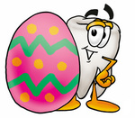 Clip Art Graphic of a Human Molar Tooth Character Standing Beside an Easter Egg
