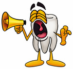 Clip Art Graphic of a Human Molar Tooth Character Screaming Into a Megaphone