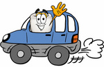 Clip Art Graphic of a Human Molar Tooth Character Driving a Blue Car and Waving