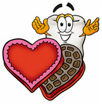 Clip Art Graphic of a Human Molar Tooth Character With an Open Box of Valentines Day Chocolate Candies