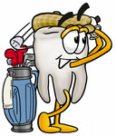 Clip Art Graphic of a Human Molar Tooth Character Swinging His Golf Club While Golfing