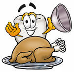 Clip Art Graphic of a Human Molar Tooth Character Serving a Thanksgiving Turkey on a Platter