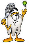 Clip Art Graphic of a Human Molar Tooth Character Preparing to Hit a Tennis Ball