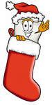 Clip Art Graphic of a Human Molar Tooth Character Wearing a Santa Hat Inside a Red Christmas Stocking