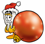 Clip Art Graphic of a Human Molar Tooth Character Wearing a Santa Hat, Standing With a Christmas Bauble