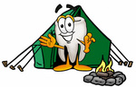 Clip Art Graphic of a Human Molar Tooth Character Camping With a Tent and Fire