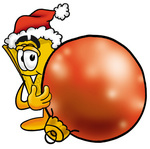 Clip Art Graphic of a Golden Admission Ticket Character Wearing a Santa Hat, Standing With a Christmas Bauble