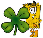 Clip Art Graphic of a Golden Admission Ticket Character With a Green Four Leaf Clover on St Paddy’s or St Patricks Day