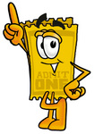 Clip Art Graphic of a Golden Admission Ticket Character Pointing Upwards