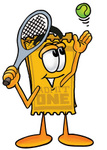 Clip Art Graphic of a Golden Admission Ticket Character Preparing to Hit a Tennis Ball