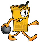 Clip Art Graphic of a Golden Admission Ticket Character Holding a Bowling Ball