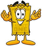 Clip Art Graphic of a Golden Admission Ticket Character With Welcoming Open Arms