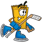 Clip Art Graphic of a Golden Admission Ticket Character Playing Ice Hockey