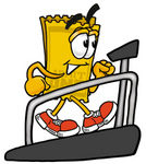 Clip Art Graphic of a Golden Admission Ticket Character Walking on a Treadmill in a Fitness Gym
