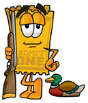 Clip Art Graphic of a Golden Admission Ticket Character Duck Hunting, Standing With a Rifle and Duck