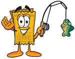 Clip Art Graphic of a Golden Admission Ticket Character Holding a Fish on a Fishing Pole
