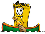 Clip Art Graphic of a Golden Admission Ticket Character Rowing a Boat