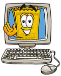 Clip Art Graphic of a Golden Admission Ticket Character Waving From Inside a Computer Screen