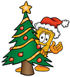 Clip Art Graphic of a Golden Admission Ticket Character Waving and Standing by a Decorated Christmas Tree