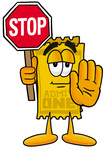 Clip Art Graphic of a Golden Admission Ticket Character Holding a Stop Sign