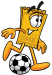 Clip Art Graphic of a Golden Admission Ticket Character Kicking a Soccer Ball