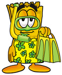 Clip Art Graphic of a Golden Admission Ticket Character in Green and Yellow Snorkel Gear