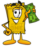 Clip Art Graphic of a Golden Admission Ticket Character Holding a Dollar Bill