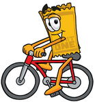 Clip Art Graphic of a Golden Admission Ticket Character Riding a Bicycle