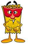Clip Art Graphic of a Golden Admission Ticket Character Wearing a Red Mask Over His Face