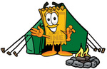 Clip Art Graphic of a Golden Admission Ticket Character Camping With a Tent and Fire