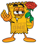 Clip Art Graphic of a Golden Admission Ticket Character Holding a Red Rose on Valentines Day