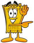 Clip Art Graphic of a Golden Admission Ticket Character Waving and Pointing