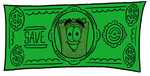 Clip Art Graphic of a Golden Admission Ticket Character on a Dollar Bill