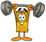 Clip Art Graphic of a Golden Admission Ticket Character Holding a Heavy Barbell Above His Head