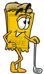 Clip Art Graphic of a Golden Admission Ticket Character Leaning on a Golf Club While Golfing