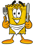 Clip Art Graphic of a Golden Admission Ticket Character Holding a Knife and Fork