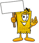 Clip Art Graphic of a Golden Admission Ticket Character Holding a Blank Sign