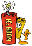 Clip Art Graphic of a Golden Admission Ticket Character Standing With a Lit Stick of Dynamite