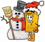 Clip Art Graphic of a Golden Admission Ticket Character With a Snowman on Christmas